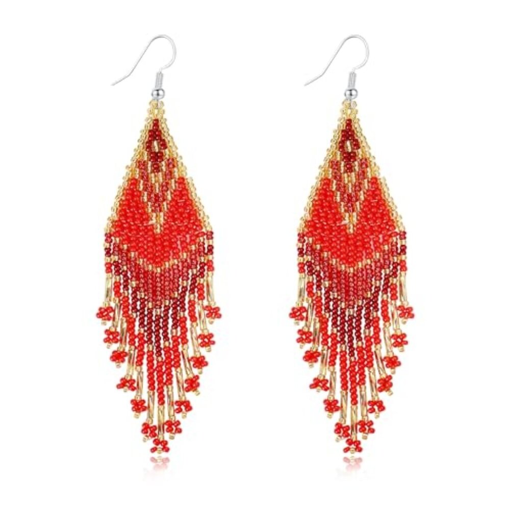 Bohemian Large Long Tassel‎ Beaded Dangle Earrings Native